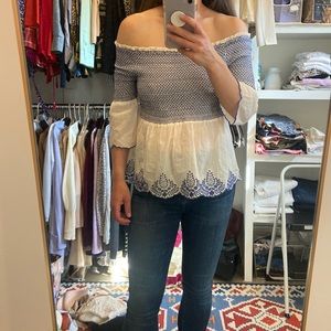 Blue and white off shoulder top
